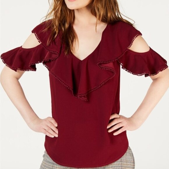 Trina Turk Serenidad Cold-Shoulder Ruffle-Trim Top - Picture 1 of 2